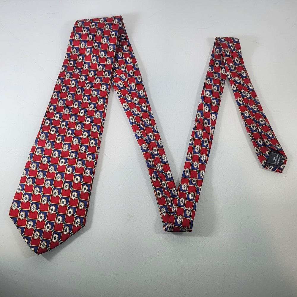 Christian Dior Cravate Blue Red Geometric Floral Silk Neck Tie